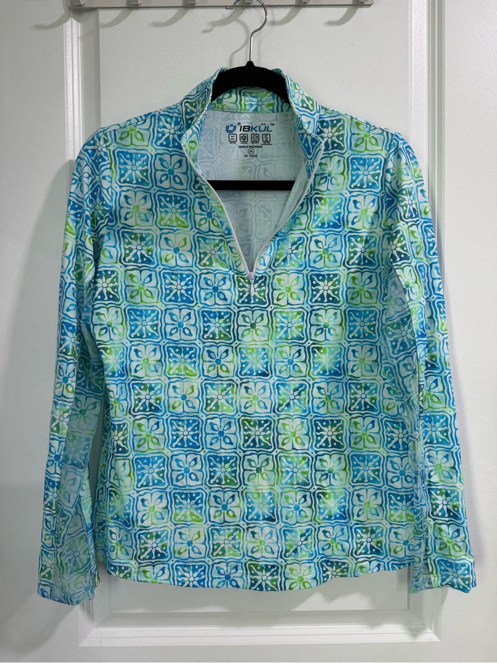 IBKUL Kathy Print Long Sleeve Mock Neck Top Turquoise Lime M - Picture 3 of 7